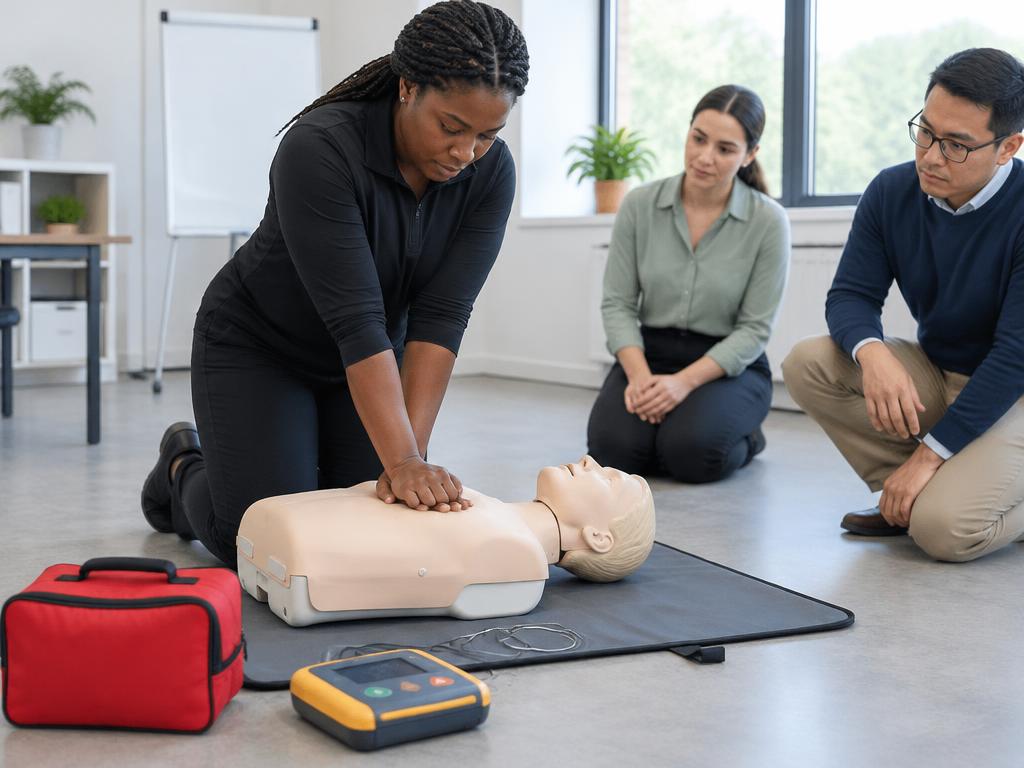 Instructor demonstrating CPR on a training manikin while two colleagues observe