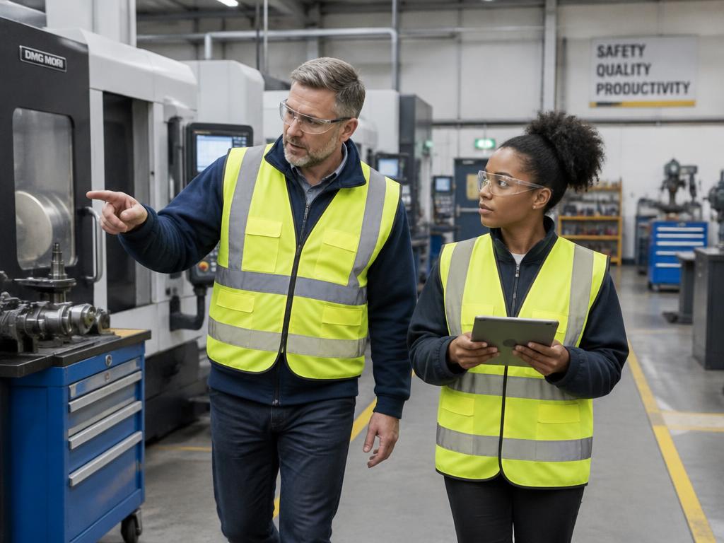 Supervisor and colleague with tablet inspecting a machine shop
