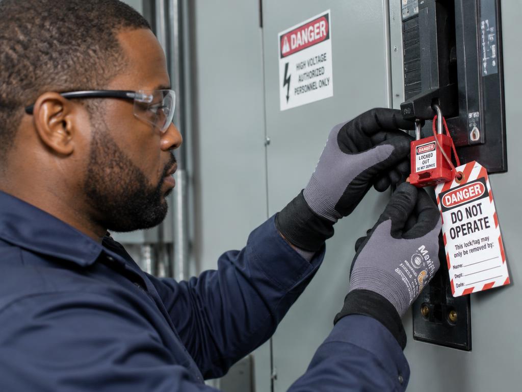 Technician applying a lockout padlock and tag to an electrical panel