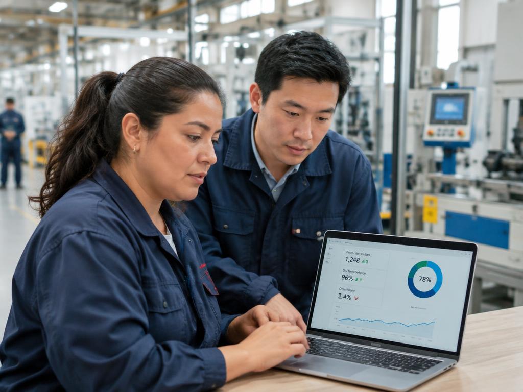 Two colleagues reviewing a dashboard on a laptop on a manufacturing floor