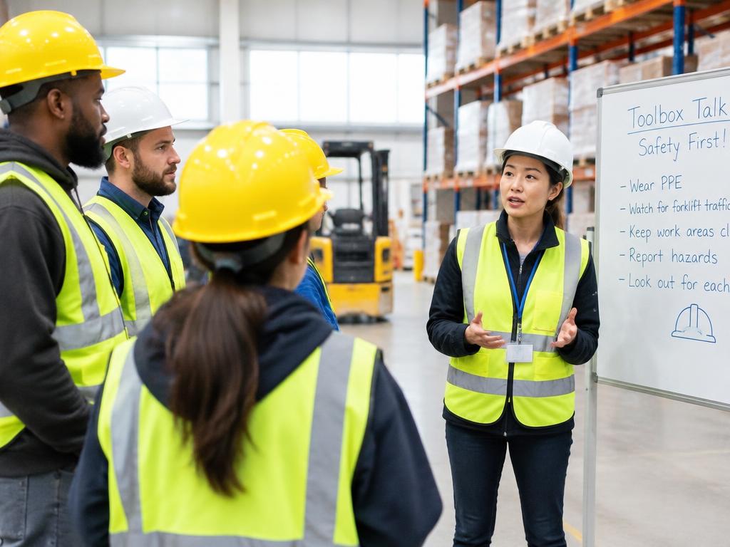 Trainer leading a toolbox safety talk with warehouse workers