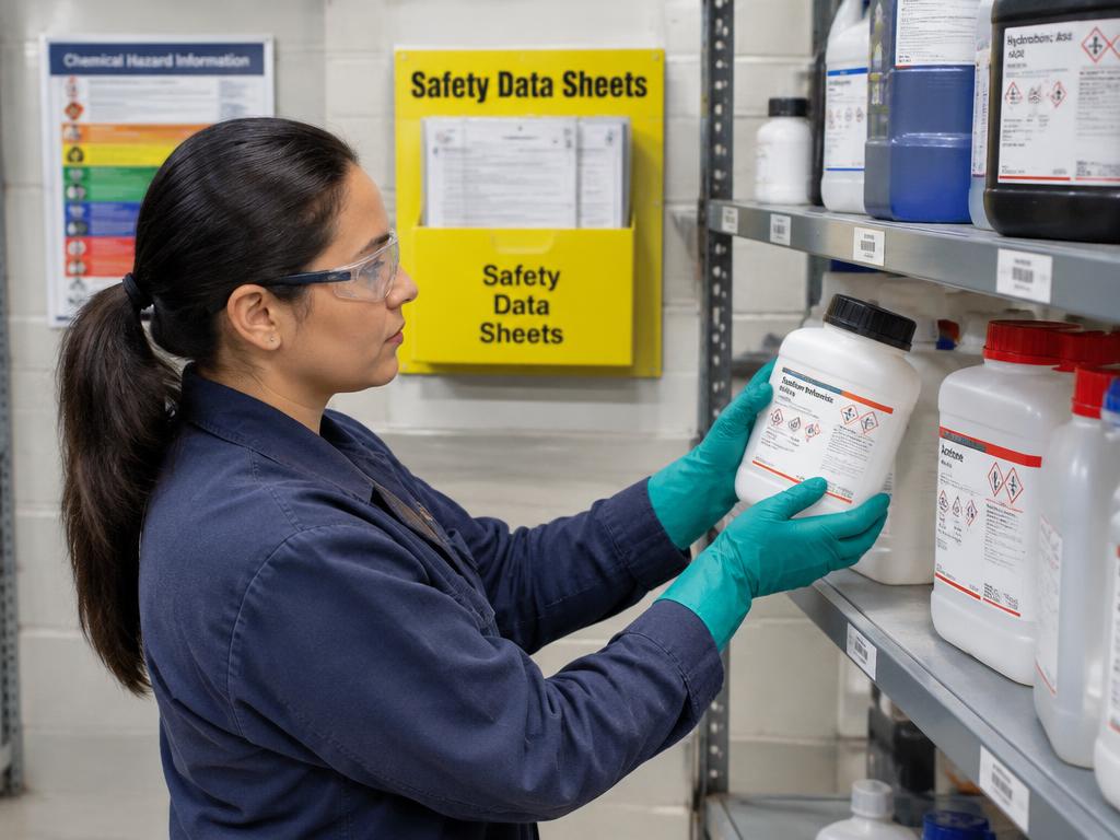 Worker checking labeled chemical containers beside a Safety Data Sheet station