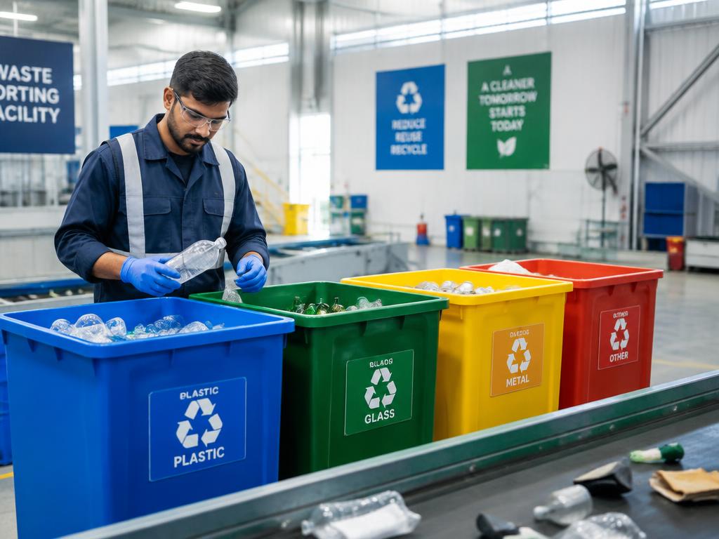 Worker sorting materials into color-coded waste bins